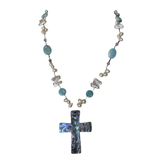 Jewelry - Cross Pendant Necklace | Pearl & Aqua Bead Abalone Chain | Wire Wrapped